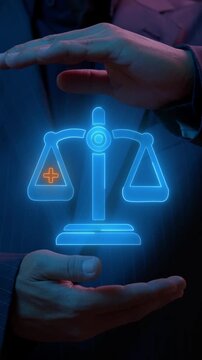 Business ethics and corporate responsibility concept for integrity, accountability, teamwork, fair practices, and ethical standards in corporate environments. Ethics icon on virtual screen.