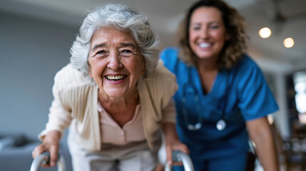 Fototapeta premium Elderly woman using walker at home with female caregiver, smiling senior patient receiving support in living room