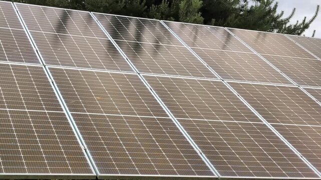 Close up of ground-mounted solar panel array in a backyard garden. Photovoltaic cells with reflections of evergreen trees and cloudy sky on a bright sustainable energy farm.
