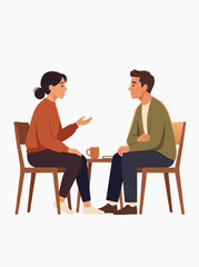 Fototapeta premium Man and woman sitting at a table having a conversation with a coffee cup and book