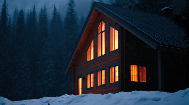 Wooden mountain chalet at night with warm light and snow, forest background in winter storm