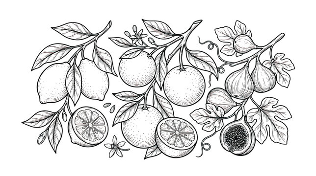 Vintage botanical fruit illustration, hand drawn lemon orange and fig branches, black and white citrus sketch vector for organic food packaging