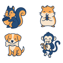 Fototapeta premium Cute Cartoon Animals Eating Food Set with Squirrel Hamster Dog and Monkey 