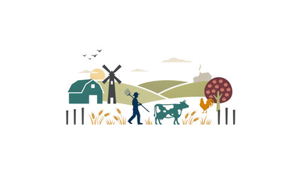 Obraz premium Illustrated farming family working in a rural landscape with windmill and harvest Vector