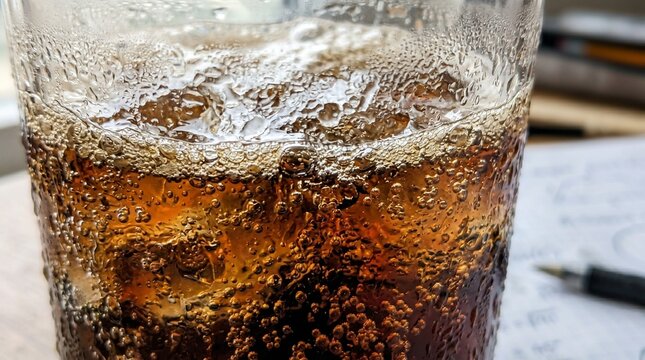Close up of a cold glass of cola with ice and bubbles