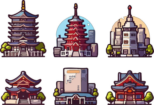 Sacred Sovereign of the Orient Detailed Holy Temple and Traditional Pagoda Illustrations with Spiritual Decorative Simbol and Ornamental Logo Branding