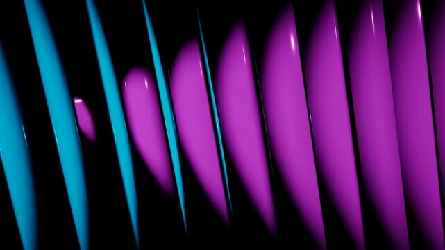 Curved magenta neon slats warping through digital void with cinematic synthwave lighting
