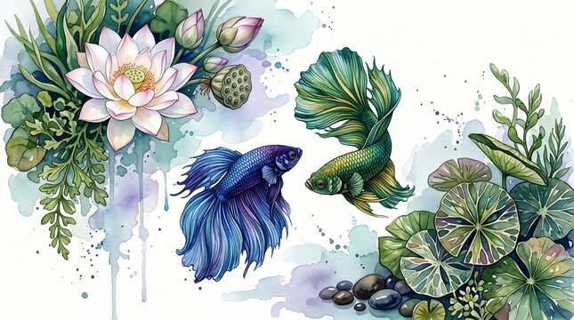 Betta Fish and Lotus Flowers Watercolor Illustration