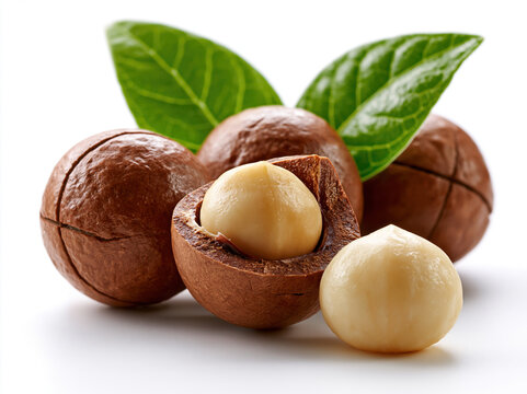 Macadamia nut with green leaf on white background, closeup of raw nut and kernel, clean food still life