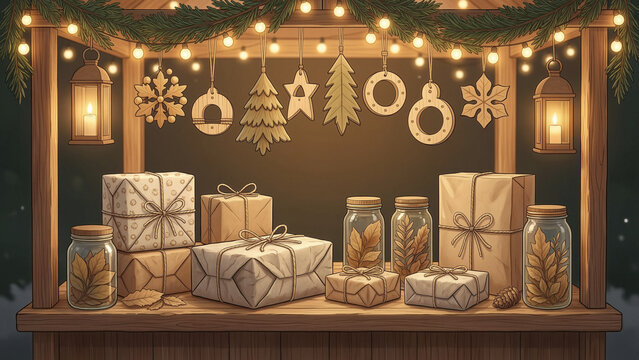 Sustainable Festive Background with Zero Waste Gift Wrapping and Natural Ornaments