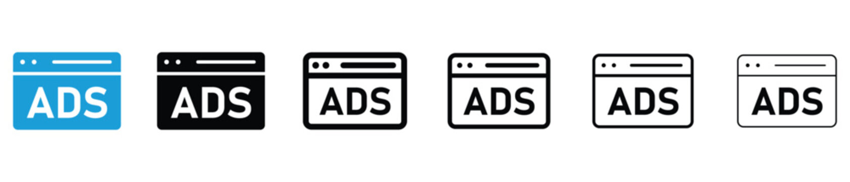 Set of browser window icons displaying the word ADS representing online advertising and marketing concepts