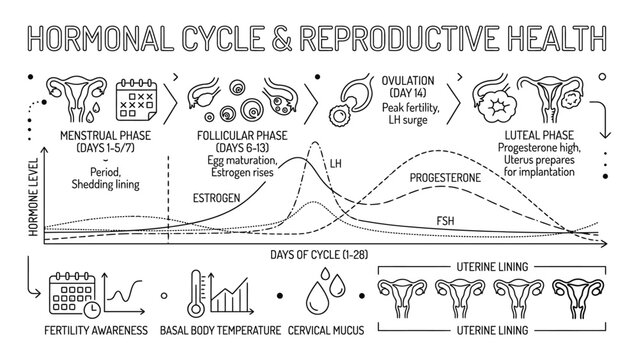 Hormonal cycle and reproductive health infographic.