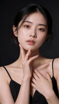 顔に手を添えるアップヘアの日本人女性のスキンケアポートレート