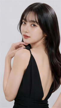黒いドレスで背中を見せるロングヘアの日本人女性の美容ポートレート