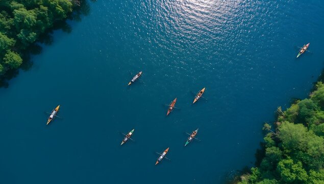 Photo of rowing boats from above taken use a drone when summer.
