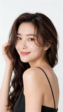 黒いドレスで背中を見せるロングヘアの日本人女性の美容ポートレート