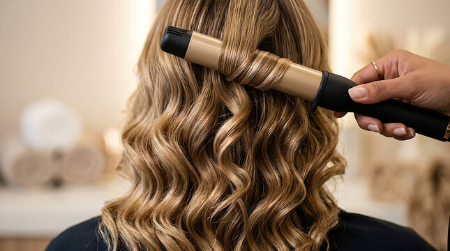 Professional Hair Styling with Curling Iron for Salon, Beauty Product Advertising, Hairdresser Services, Hair Care Industry