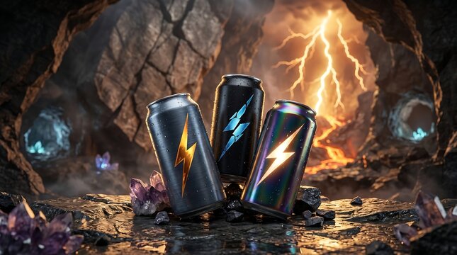 Energy drink cans with glowing lightning logo in epic lava cave