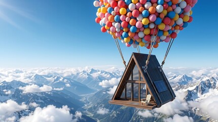 Wooden house floating on bright balloons above mountain clouds © Ruslan Abdullin