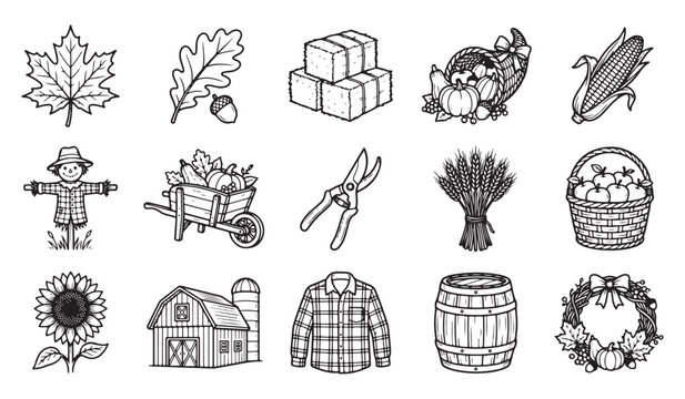 Set of handdrawn autumn fall harvest season icons and elements