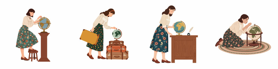 Fototapeta premium Set of vintage-style illustrations featuring a woman exploring world globes and suitcases, conceptualizing travel, adventure, and global discovery in a retro aesthetic.