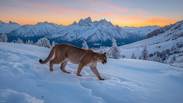 Puma landscape, nature winter habitat with snow, sunset light and dangerous animal. Wildlife nature