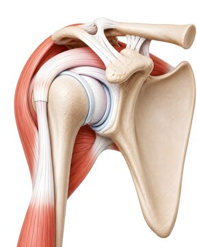 Human shoulder joint anatomy illustration featuring bones, cartilage, tendons, ligaments, rotator cuff, and surrounding soft tissues.