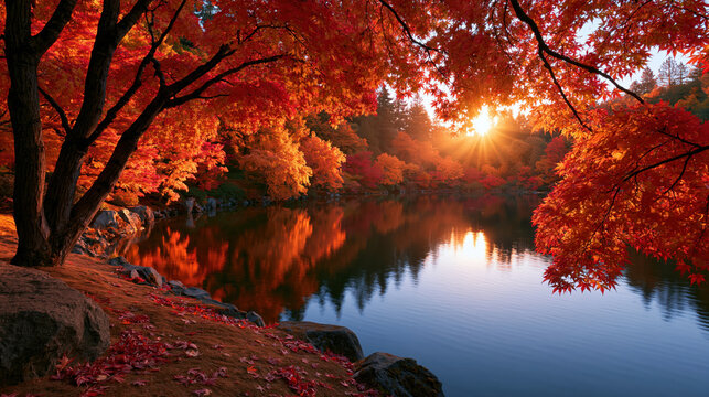Autumn lake red maple sunset light tranquil water forest reflection golden hour zen garden Japanese landscape