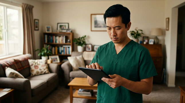 Professional Asian male nurse in green scrubs using a digital tablet during a home healthcare visit in a cozy living room, focused on medical data.