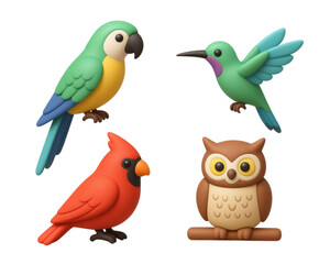 Fototapeta premium Diverse Bird Variety Set: A dynamic set of bird illustrations: parrot, cardinal, hummingbird, owl.