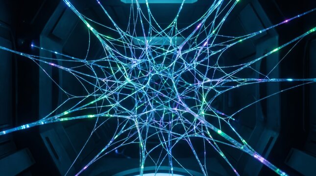 Abstract glowing neural network web with interconnected blue light fiber optic filaments, abstract