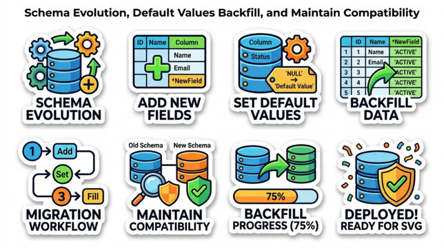 Database schema evolution process with migration workflow and backfill data deployment