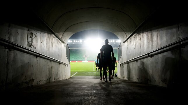 Dark Tunnel Exit Silhouettes Walking Onto Bright Stadium Field