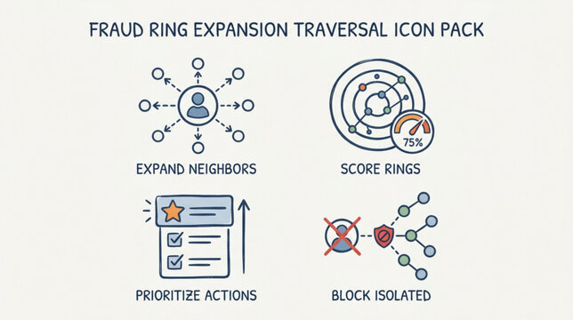 Fraudulent network connections expand through traversal, revealing rings and prioritizing actions to block isolated threats.