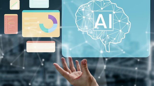 Hand Reaching Out Towards AI Concept with Brain Graphic and Data Visualization Elements Representing Technology and Innovation in Digital Era Gluon.