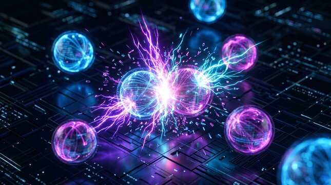 Digital atomic nucleus collision conceptual illustration with glowing spheres and particle energy