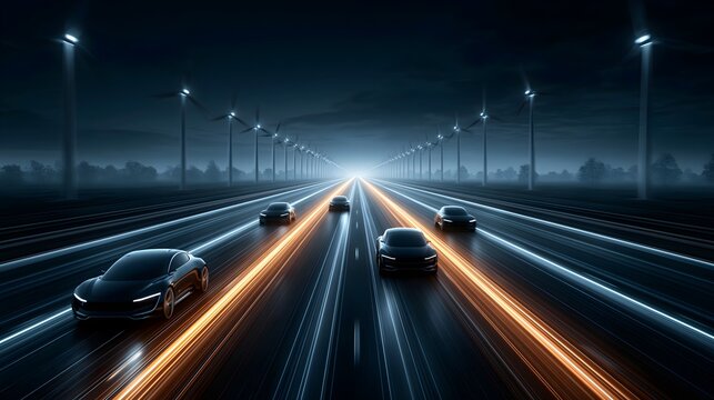 Aerial futuristic smart highway with autonomous cars at night