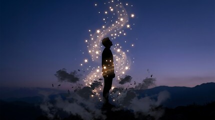 Fototapeta premium A silhouette of a man standing under a magical starry sky with glowing particles.