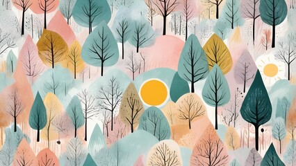 Abstract watercolor forest pattern with colorful pastel trees and suns. Nature-inspired seamless illustration background in soft tones.