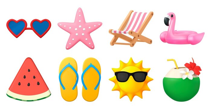 Colorful summer icons collection with sunglasses, star, beach chair, and flamingo