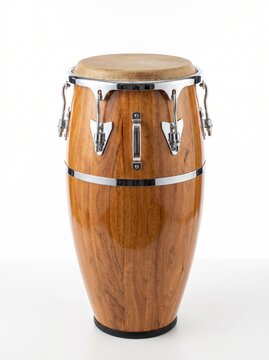Acoustic Conga Drum with Natural Wood Finish and Chrome Hardware on a White Background