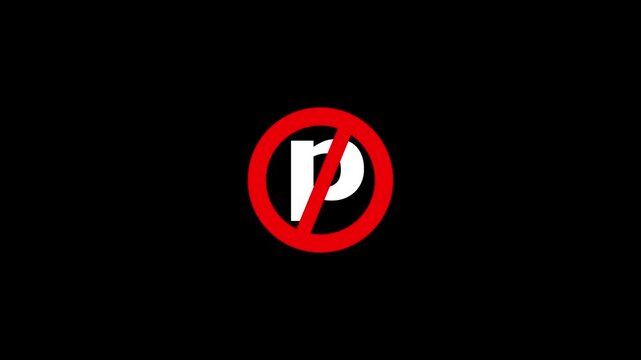 No parking sign animation symbol .red color circle and white color text on black background.