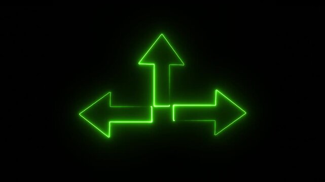 Neon arrows progressing through a sequence displaying directional changes on black background video direction sign signs indicator indicators movement motion