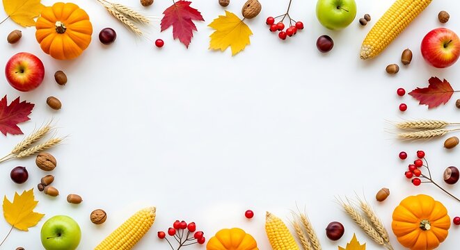 Autumn harvest frame with fruits and vegetables on white background