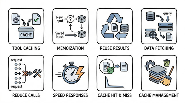 The infographic illustration depicts tool caching, memoization, reusing results, data fetching, reducing calls, speeding up responses, cache hit and miss, and cache management.