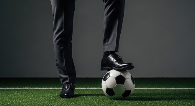 Businessman standing on a soccer ball on a football field