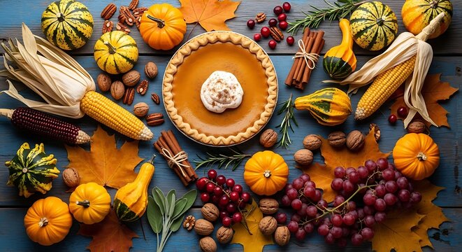 Autumnal Thanksgiving harvest table with pumpkin pie and seasonal fruits and vegetables