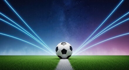 Fototapeta premium Dramatic football scene glowing soccer ball on field under night sky with radiant light streaks