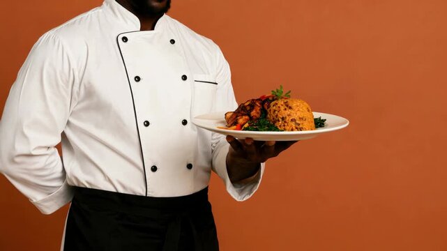Chef presenting delicious dish on plate in professional kitchen for culinary showcase