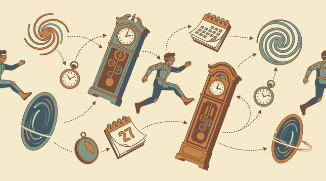 Man running around various clocks and calendar in a chaotic scene outdoors